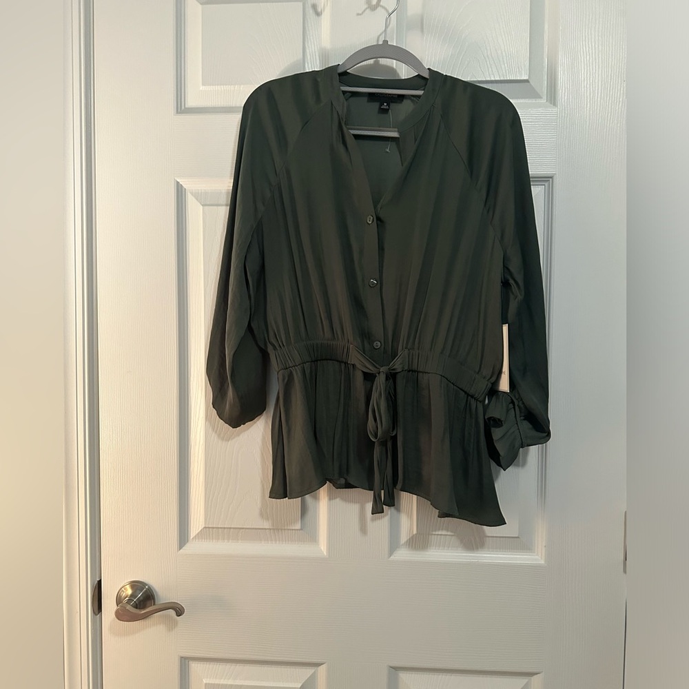 Women's Olive Green Button-Front Blouse with Tie Waist